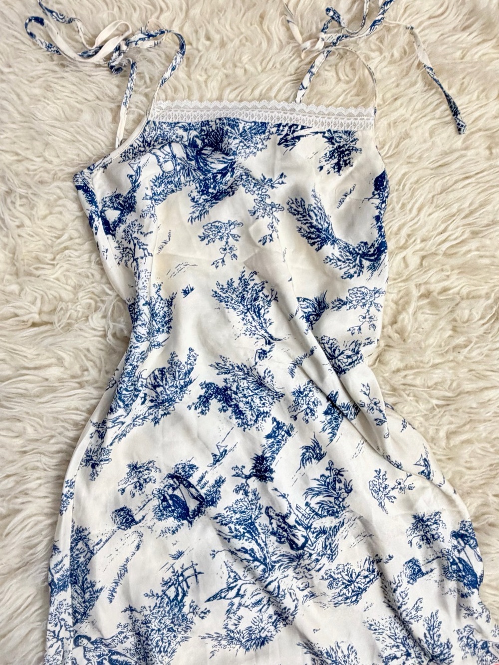 Cider Blue & White Toile Slip Dress with Lace Trim